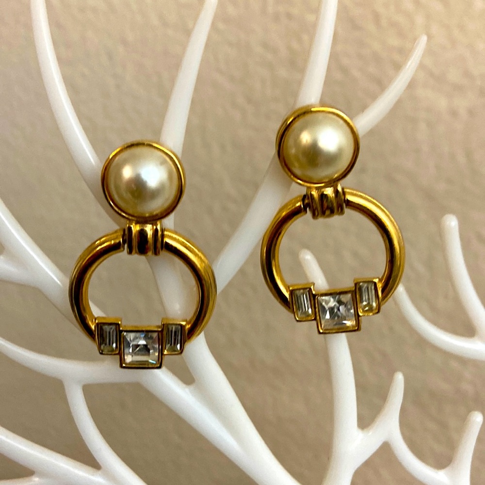 Vintage 80s Door Knocker Rhinestoned Post Pierced Earrings